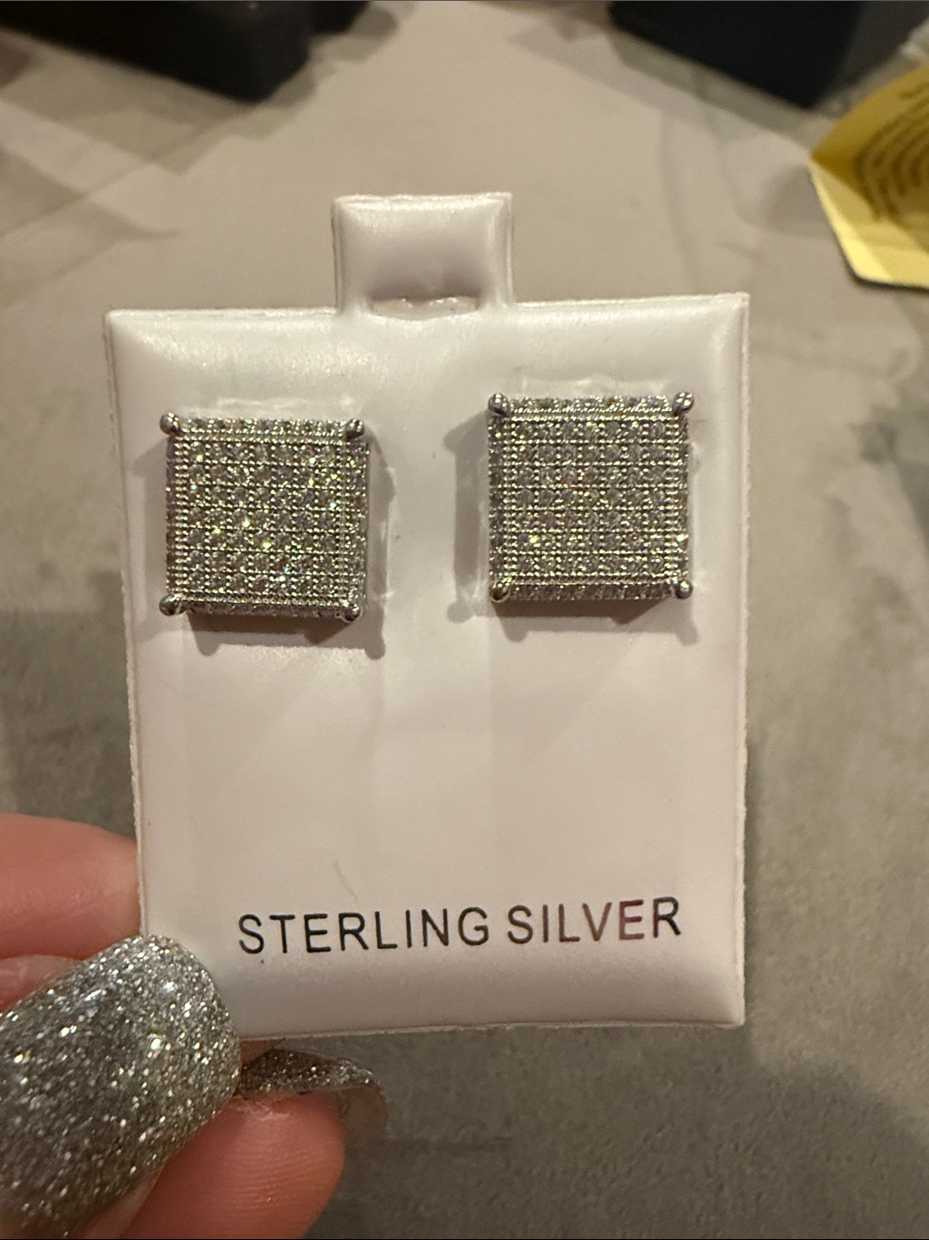 Sterling Silver Pave Square Stud Earrings - Silver